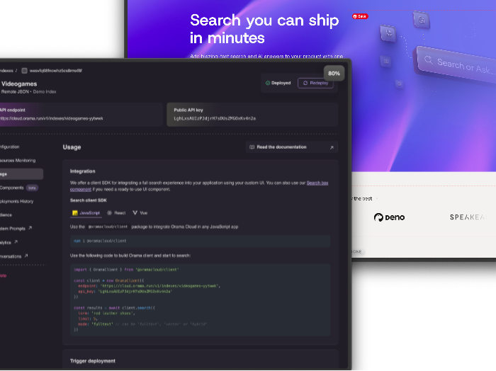 Orama AI-powered search platform screenshot